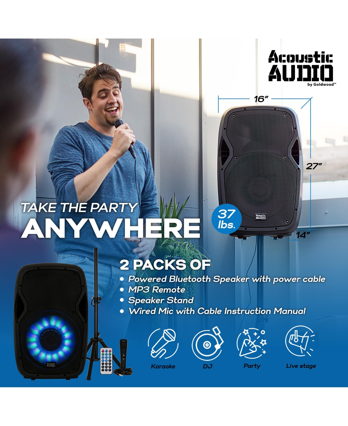 Acoustic Audio by Goldwood 15 Inch 1000W Bluetooth Led Speaker System (2 Pack)