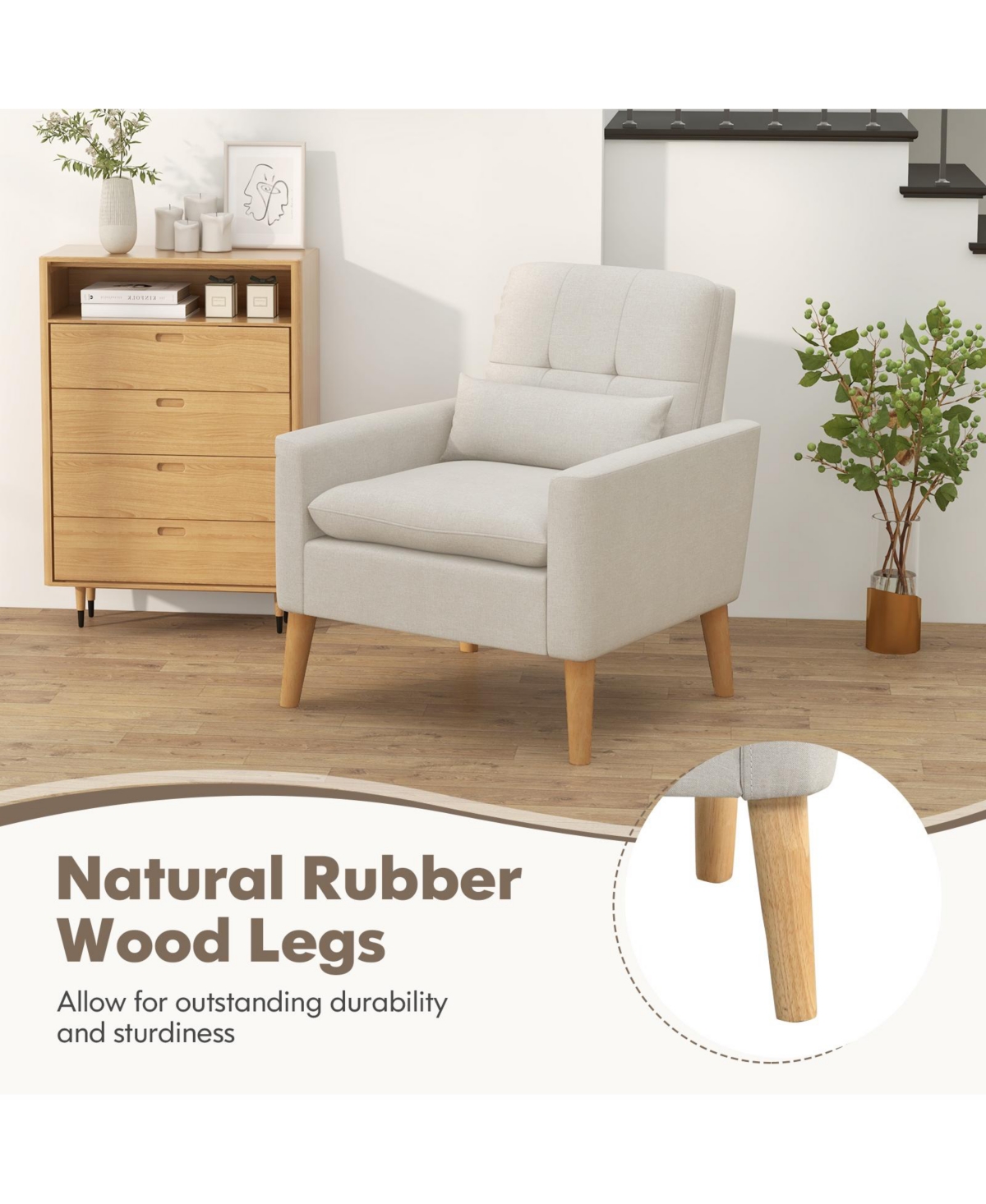 Accent Chair with Lumbar Pillow, Padded Cushions, and Rubber Wood Legs