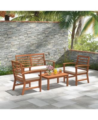 4-Piece Acacia Wood Outdoor Furniture Set with Cushioned Chairs and Coffee Table