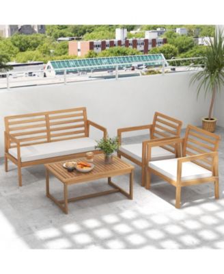 4 Piece Wood Patio Conversation Set with 2 Armchairs and Coffee Table