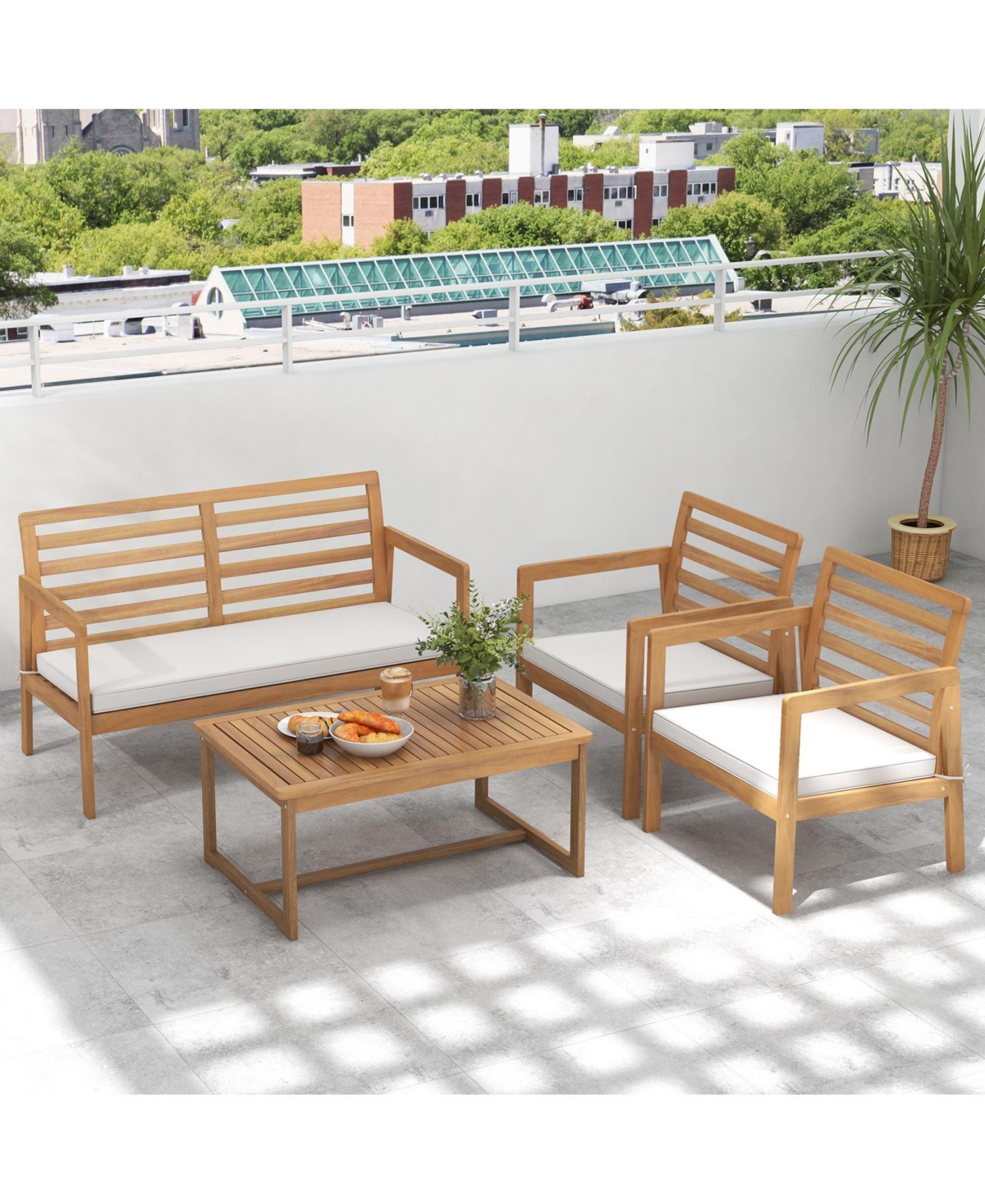 Gouun 4 Piece Wood Patio Conversation Set with 2 Armchairs and Coffee Table