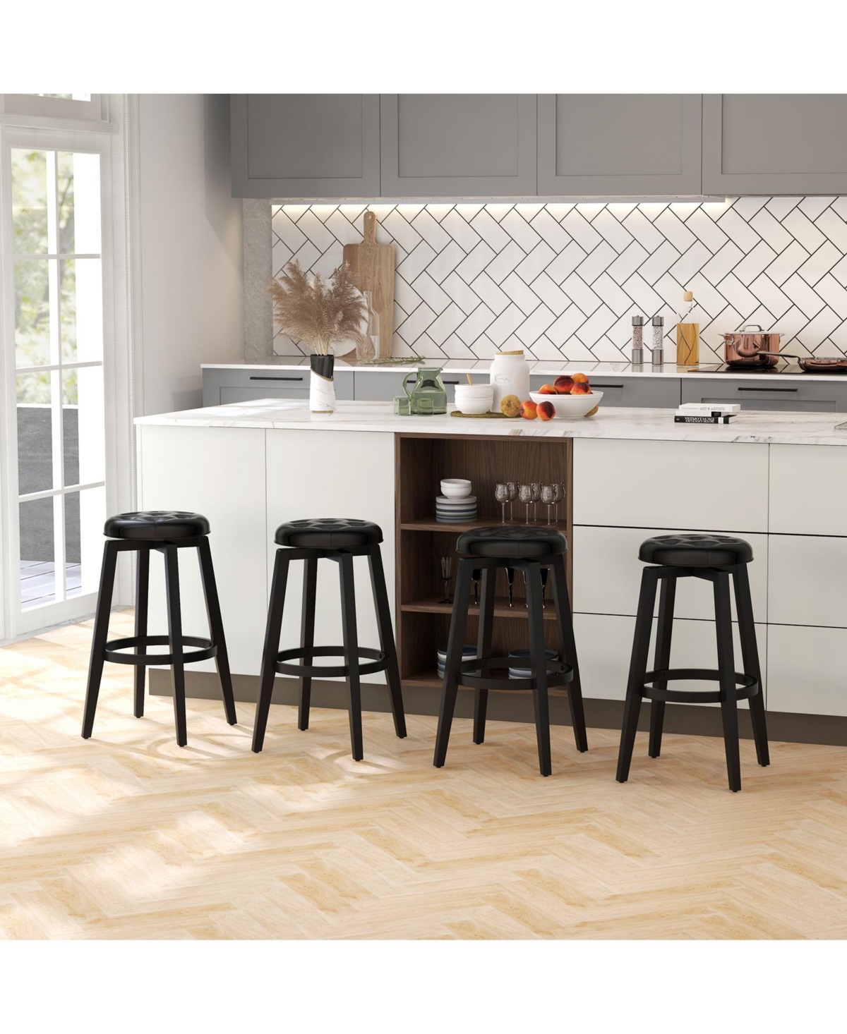 Gouun 360° Swivel Upholstered Rubberwood Frame Bar Stool Set of 2 with Footrest-29 inches