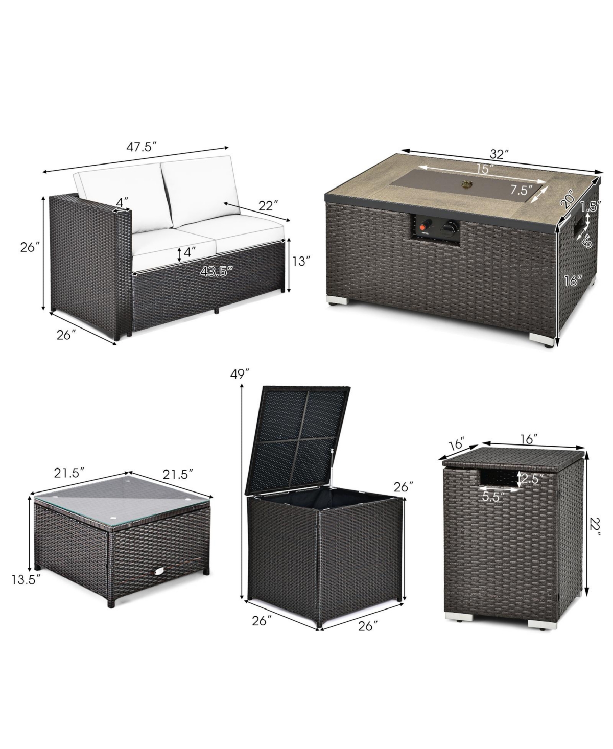 Gouun 6 Pieces Outdoor Wicker Furniture Set with Propane Fire Pit Table