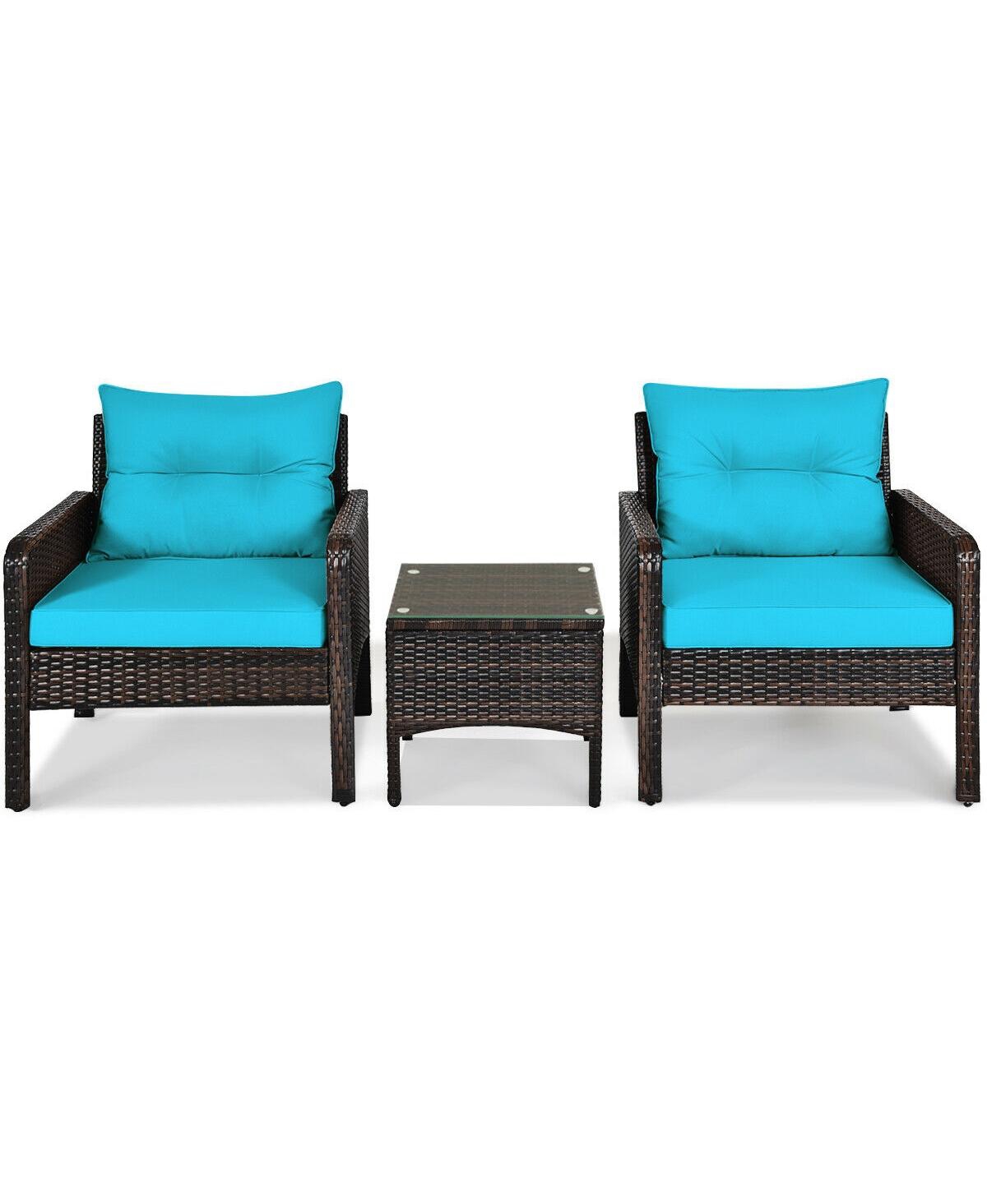 Gouun 3 Pcs Outdoor Patio Rattan Conversation Set with Seat Cushions -aqua