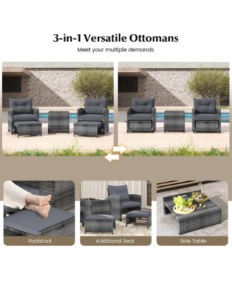 5 Piece Patio Rattan Furniture with 2 Ottomans and Tempered Glass Table