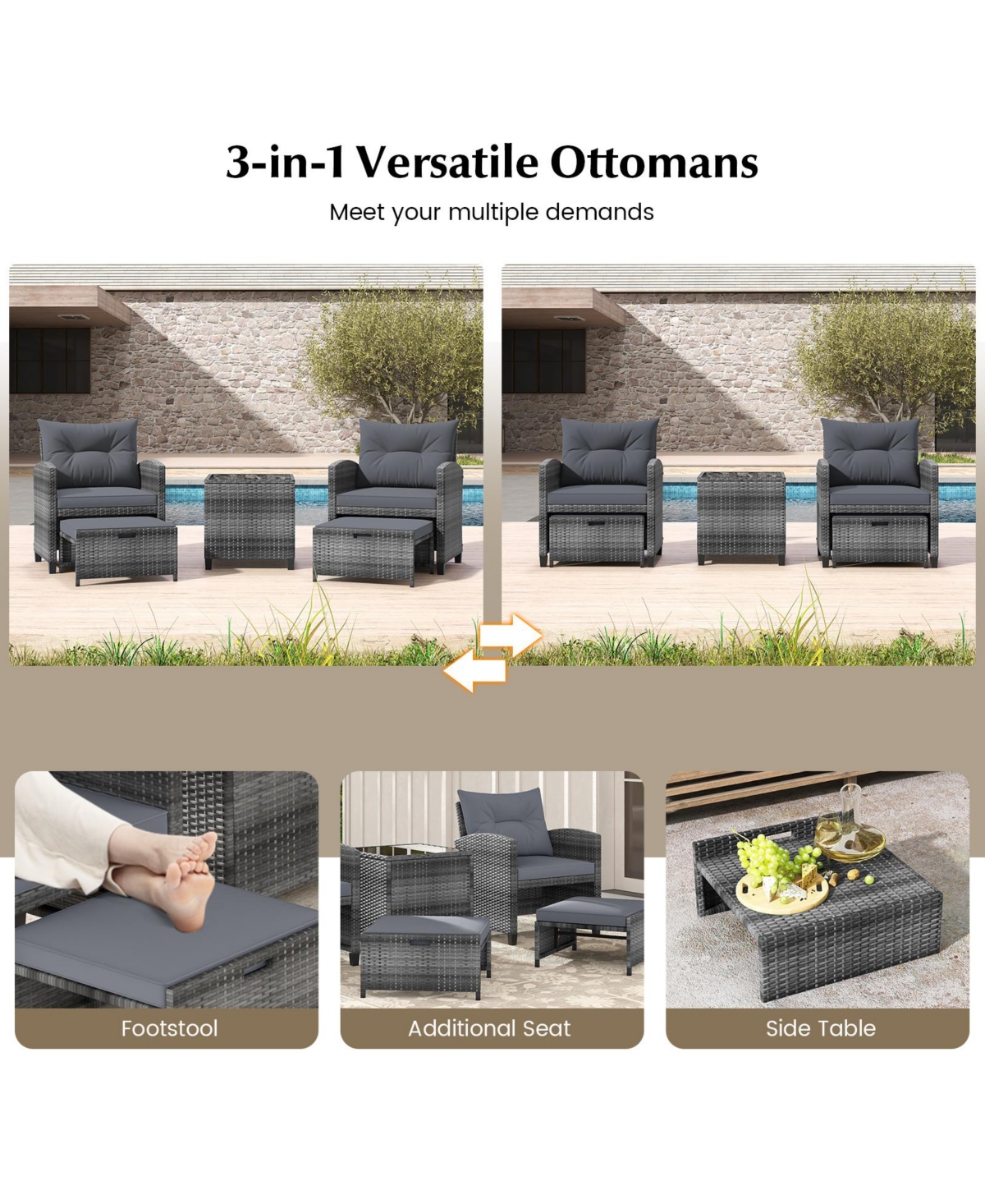 Gouun 5 Piece Patio Rattan Furniture with 2 Ottomans and Tempered Glass Table