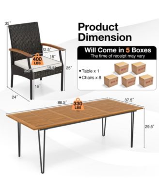 9 Pieces Outdoor Patio Dining Set with Acacia Wood Square Table and Umbrella Hole