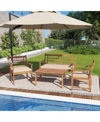 4 Piece Wood Patio Furniture with Armchairs Loveseat and Table-Off