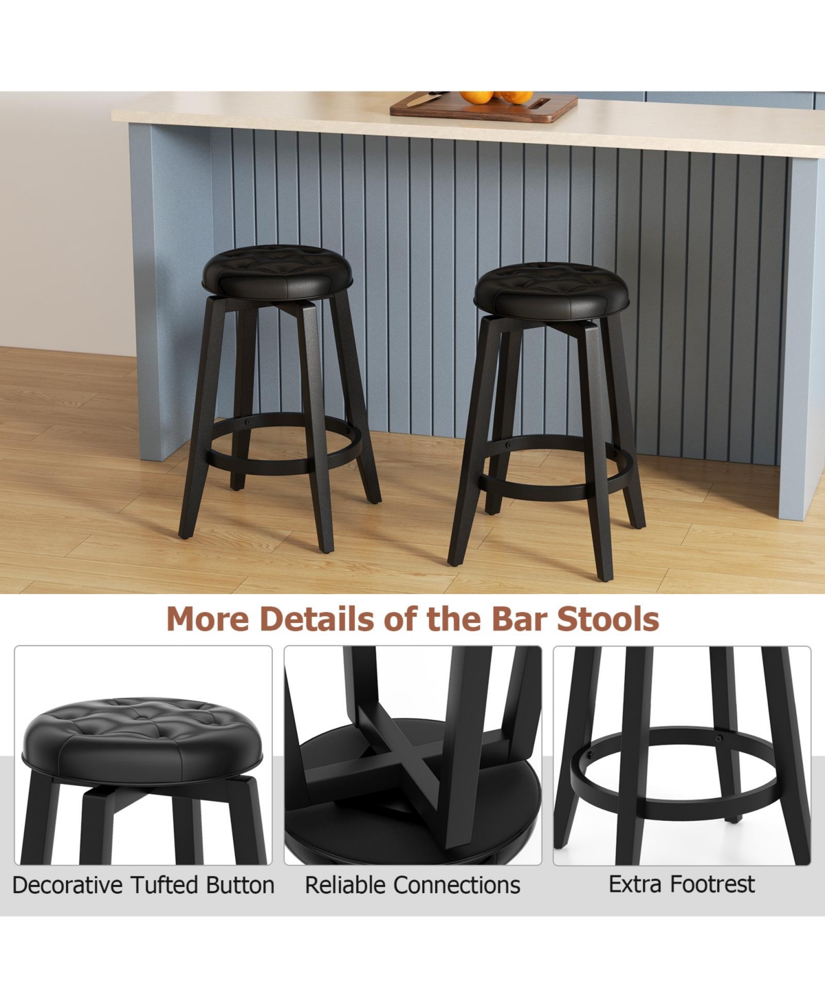 Gouun 360° Swivel Upholstered Rubberwood Frame Bar Stool Set of 2 with Footrest-24 inches