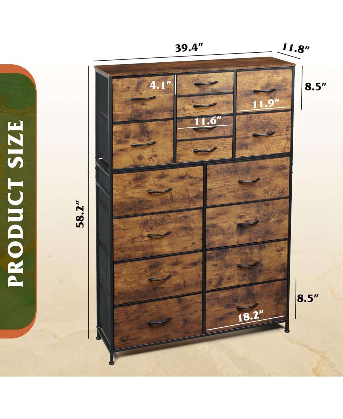 Wlive 16 Drawers Dresser Tall Dresser for Bedroom Closet Hallway Storage Dresser Organizer unit Dressers & Chests of Drawers with Fabric Bins
