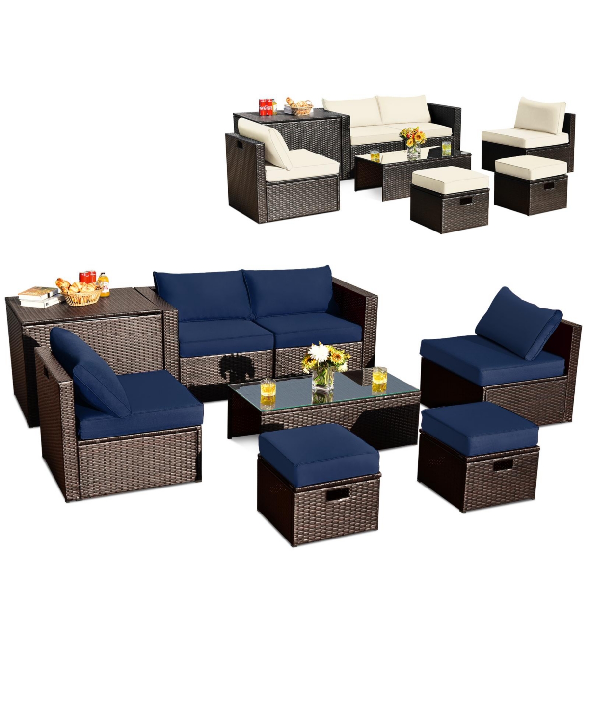 8 Pieces Patio Space-Saving Rattan Furniture Set with Storage Box and Waterproof Cover - Navy
