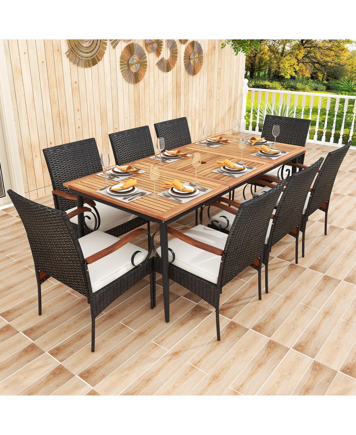 Gouun Outdoor Dining Table and 8 Rattan-woven Dining Chairs with Acacia Wood Tabletop