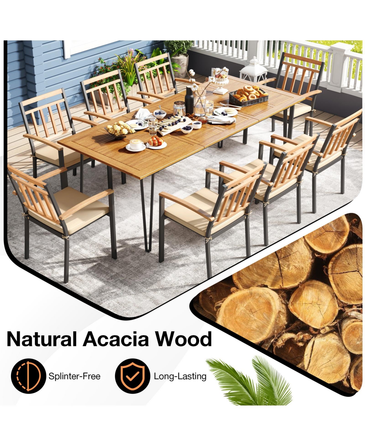 9 Pieces Patio Dining Outdoor Furniture Set with 8 Chairs and Umbrella Hole