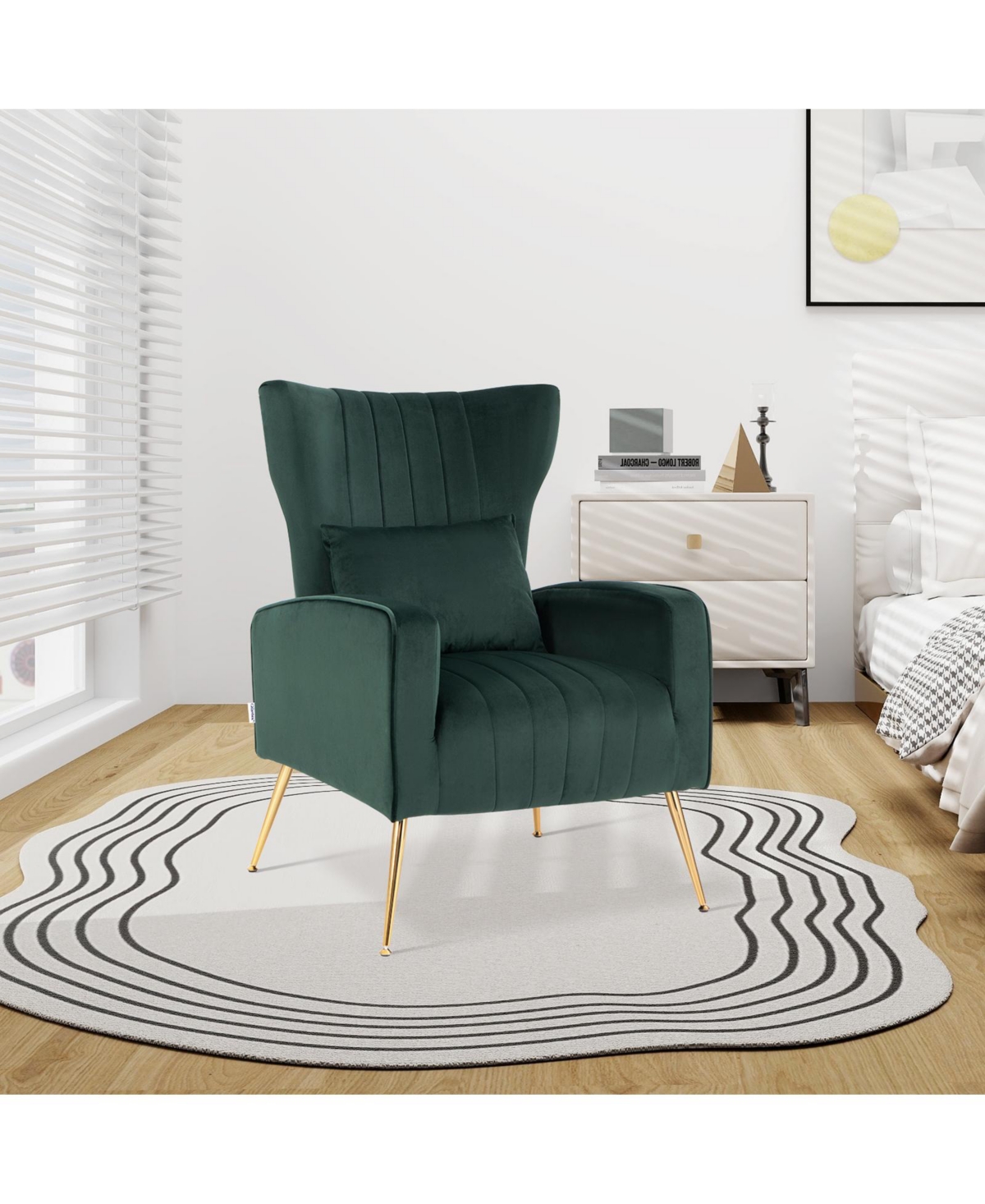 Gouun Velvet Upholstered Wingback Chair with Lumbar Pillow and Metal Legs -aqua