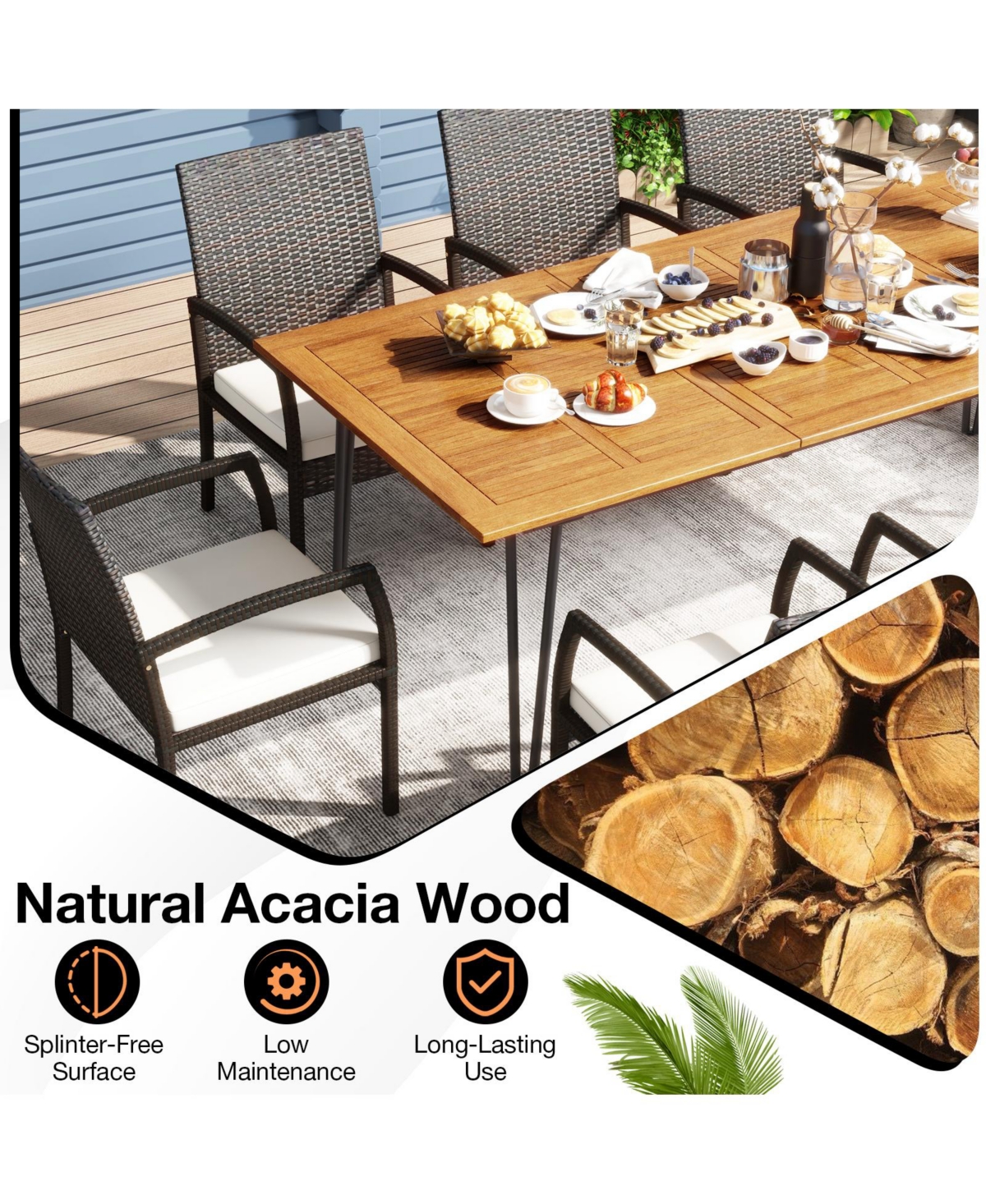 9 Pieces Outdoor Patio Dining Set with Soft Cushions and Acacia Wood Square Table