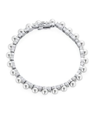 Alternating Round CZ Accent White Simulated Pearl Strand Bracelet 7.25 Inch