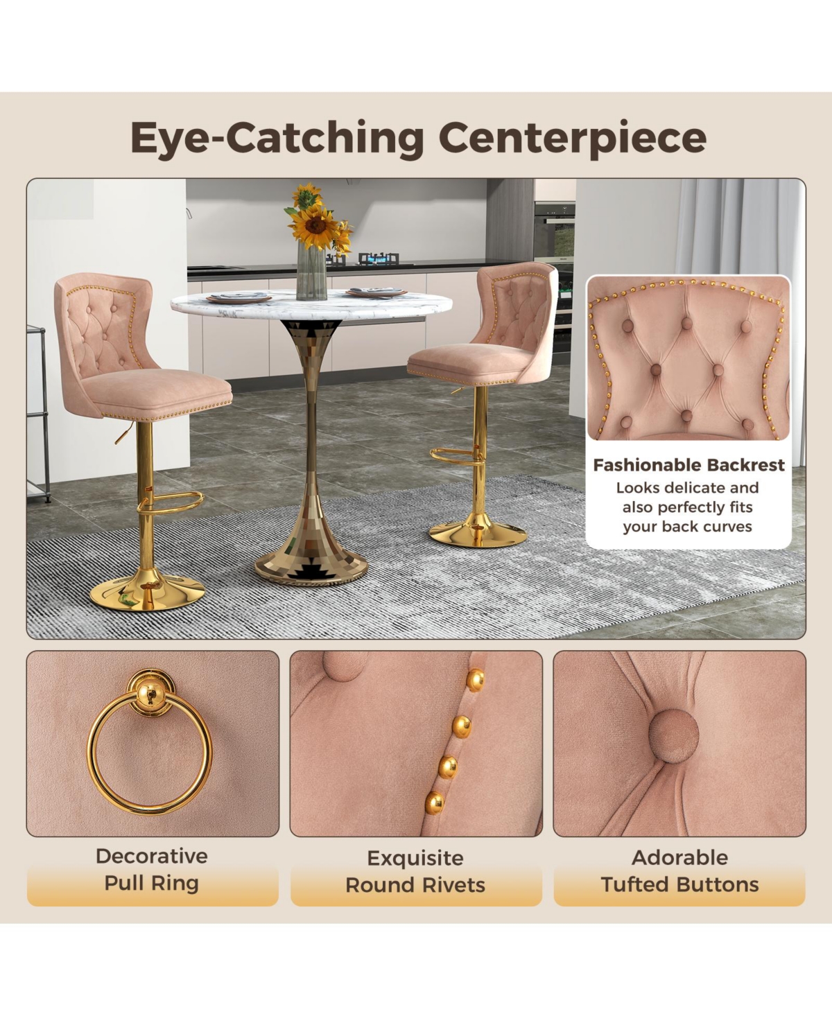 Gouun Set of 2 Bar Chairs with Footrest Electroplated Metal Base and Anti-Slip Ring