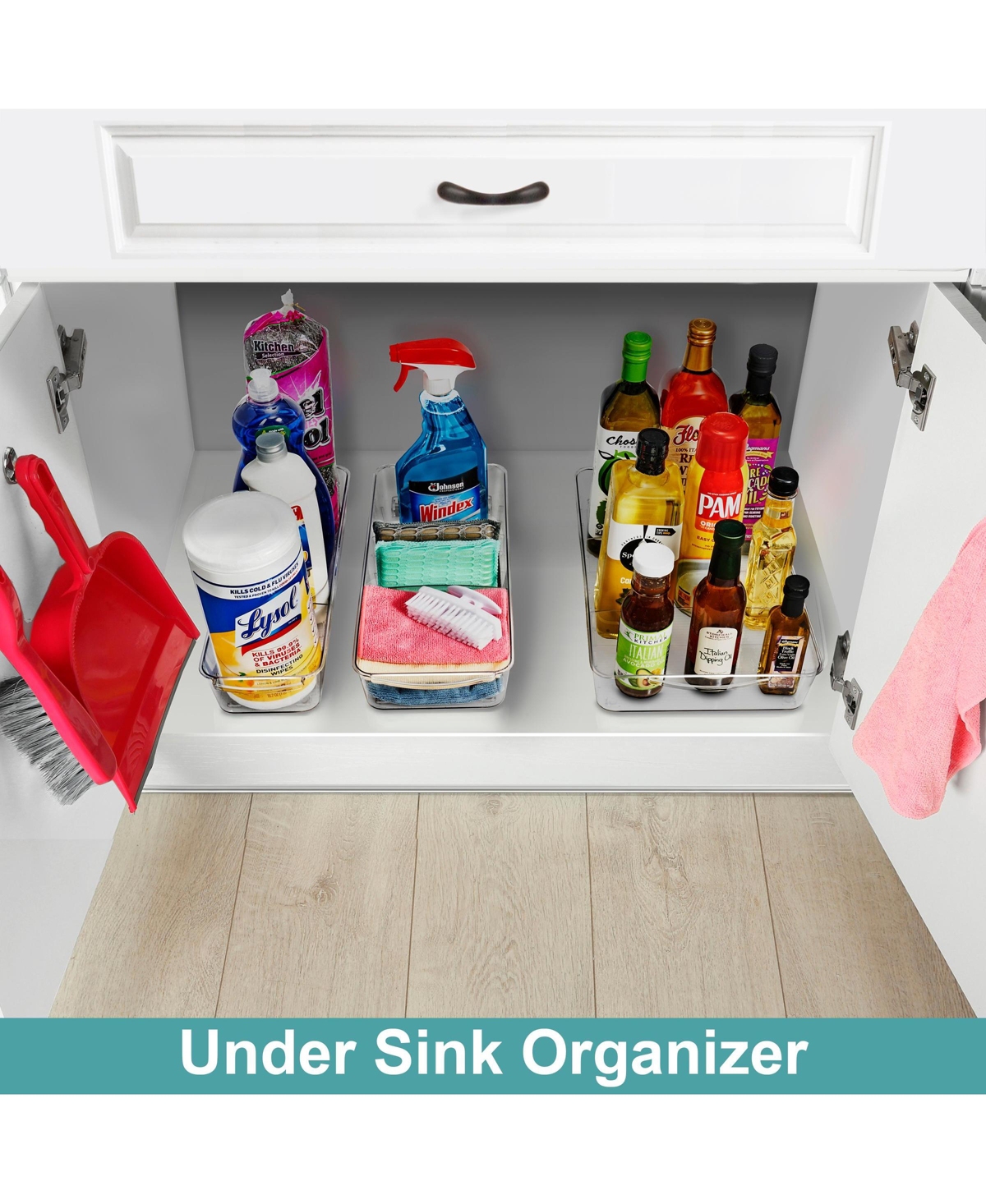 Sorbus 3 Piece Variety Flat Clear Organizing Bins on Wheels with Dividers - for Kitchen, Cabinet Organizer, Pantry & Refrigerator