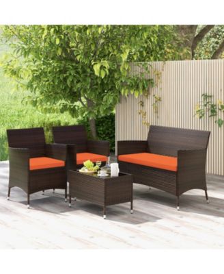 4 Pieces Comfortable Outdoor Rattan Sofa Set with Glass Table