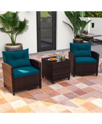3 Pieces Rattan Patio Furniture Set with Washable Cushion-Peacock