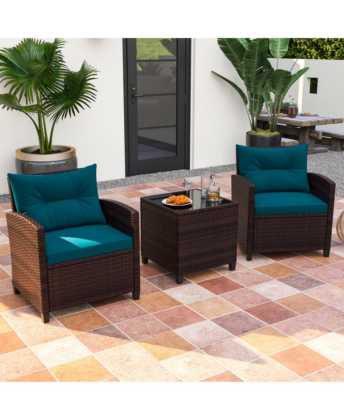 Gouun 3 Pieces Rattan Patio Furniture Set with Washable Cushion-Peacock