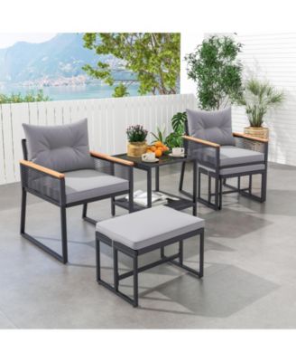 5-Piece Outdoor Rattan Conversation Set with Cushions, Ottomans, and 2-Tier Side Table