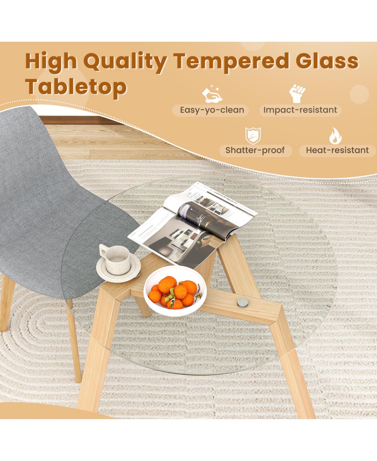 Gouun Inches Round Glass Dining Table for 4 with Rubber Wood Frame