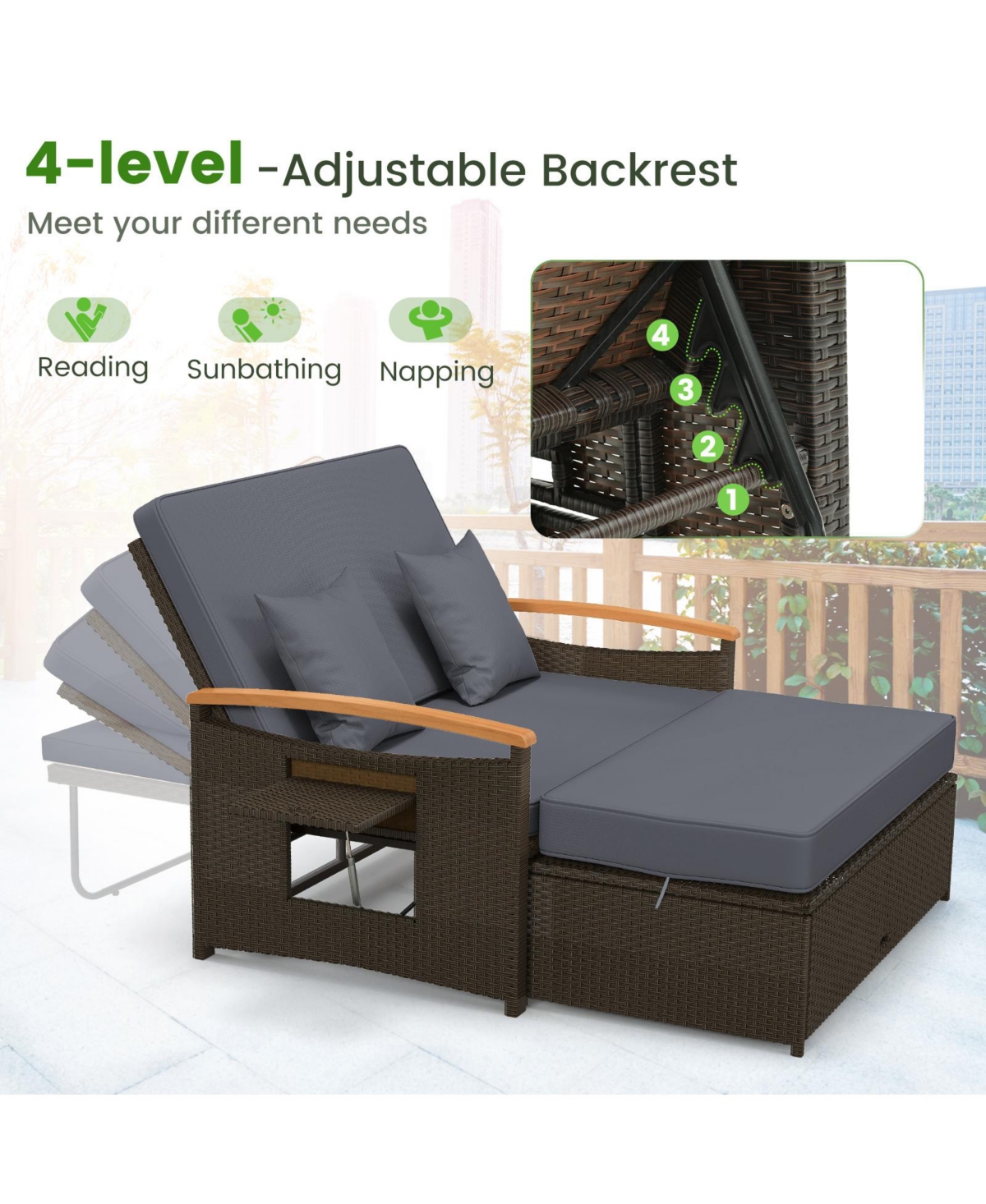 Outdoor Wicker Daybed with Folding Panels and Storage Ottoman