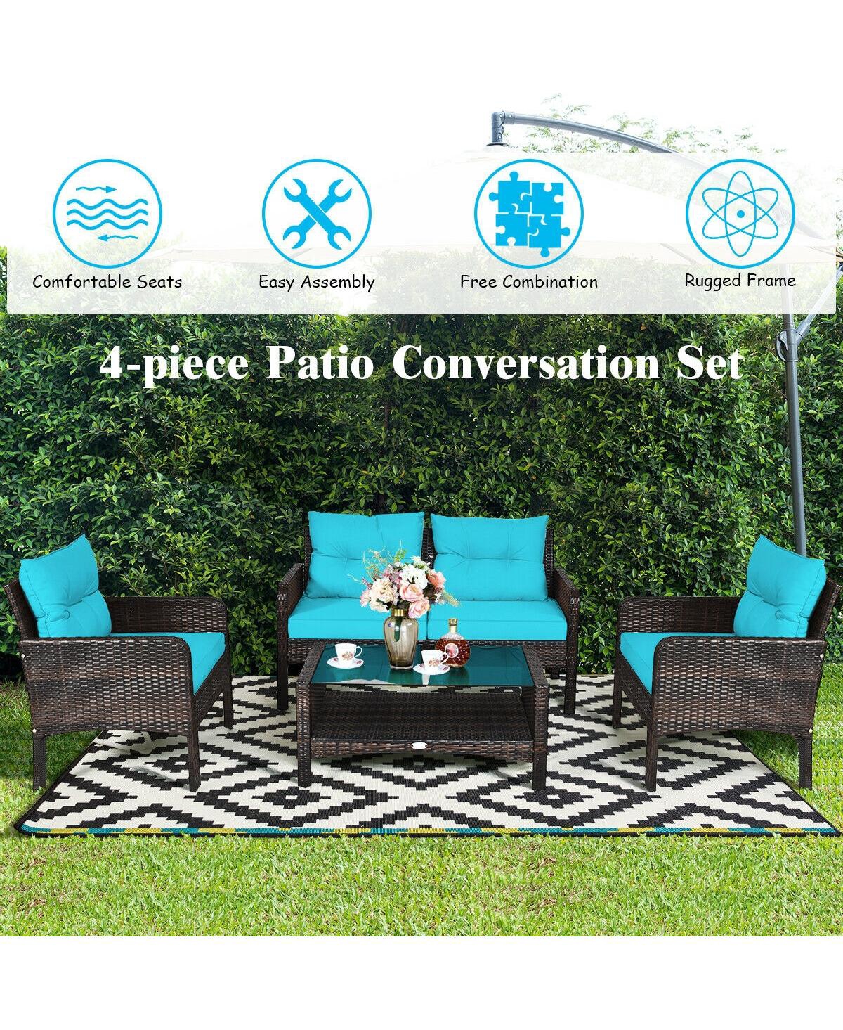 Gouun 4 Pieces Outdoor Rattan Wicker Loveseat Furniture Set with Cushions -aqua