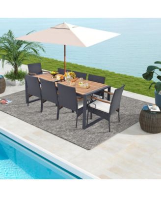9 Pieces Patio Rattan Dining Set with Acacia Wood Table for Backyard Garden-Curved Handrail