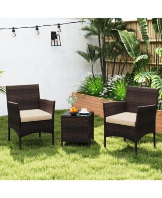 3 Pieces Outdoor Conversation Set with Cushioned Seat and Glass Tabletop