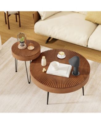 Set of 2 Boho Round Table with Solid Pine Wood Top and Metal Legs