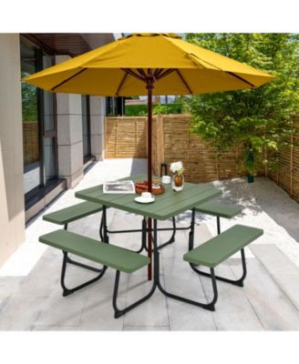 Outdoor Picnic Table with 4 Benches and Umbrella Hole