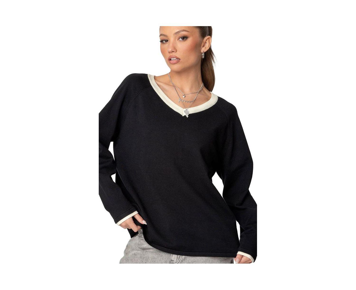 Women's Contrast V Neck Knit Sweater