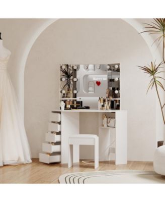 Vanity Desk with Mirror and Lights, Corner Makeup Vanity Desk