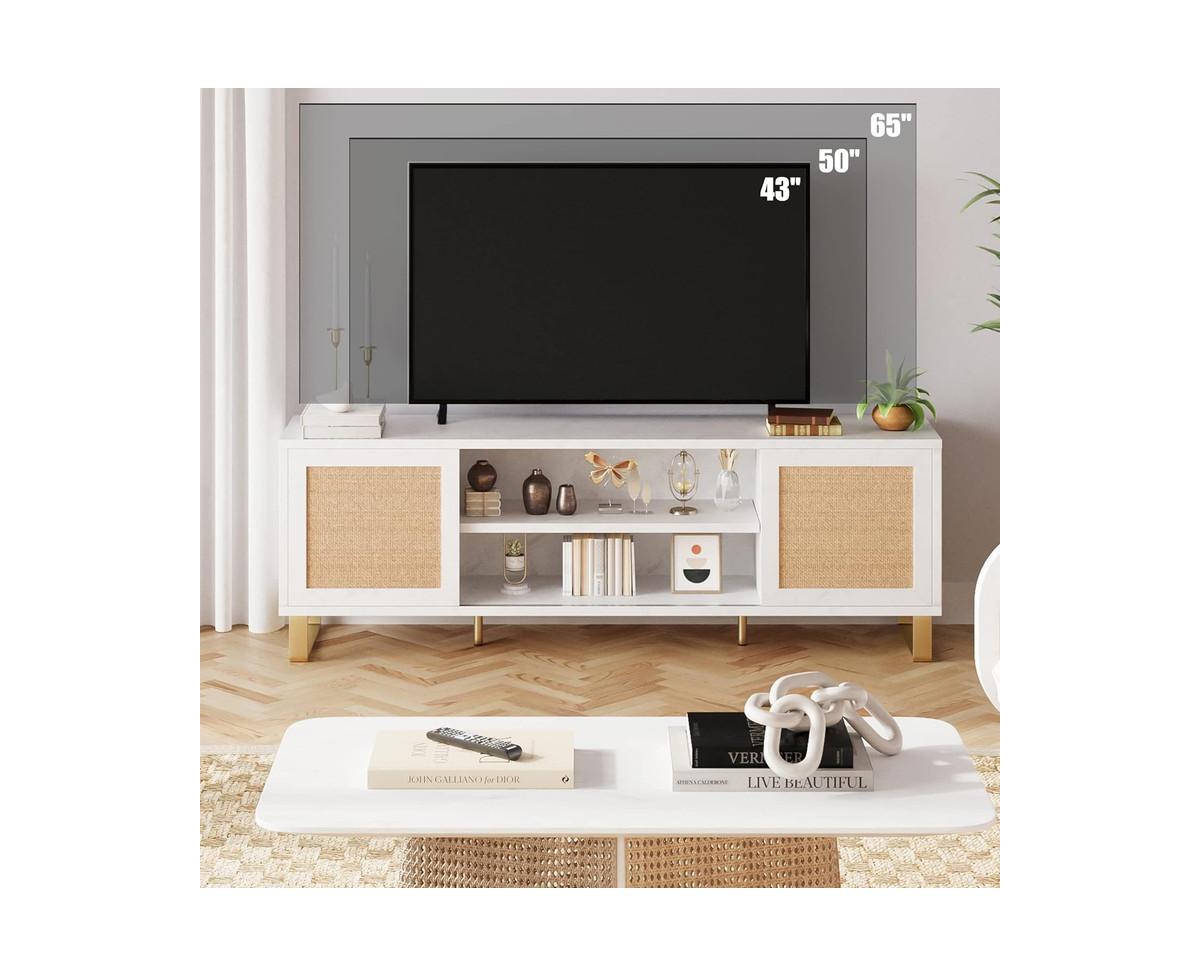 gaomon Rattan Tv Stand for 65 inch, Modern Entertainment Center with Marble Color Design, Tv Console Table with Storage, Doors and Shelves, Media Tv C