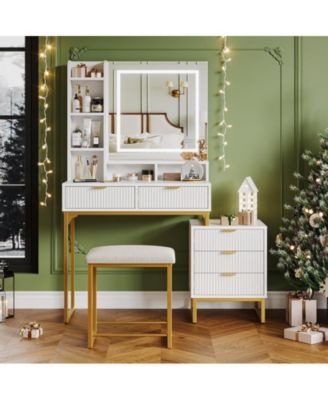 Makeup Vanity Desk with Mirror and Lights, Vanity Table with 5 Drawers, Vanity Set with Stool and Removable Side Storage Cabinet for Bedroom