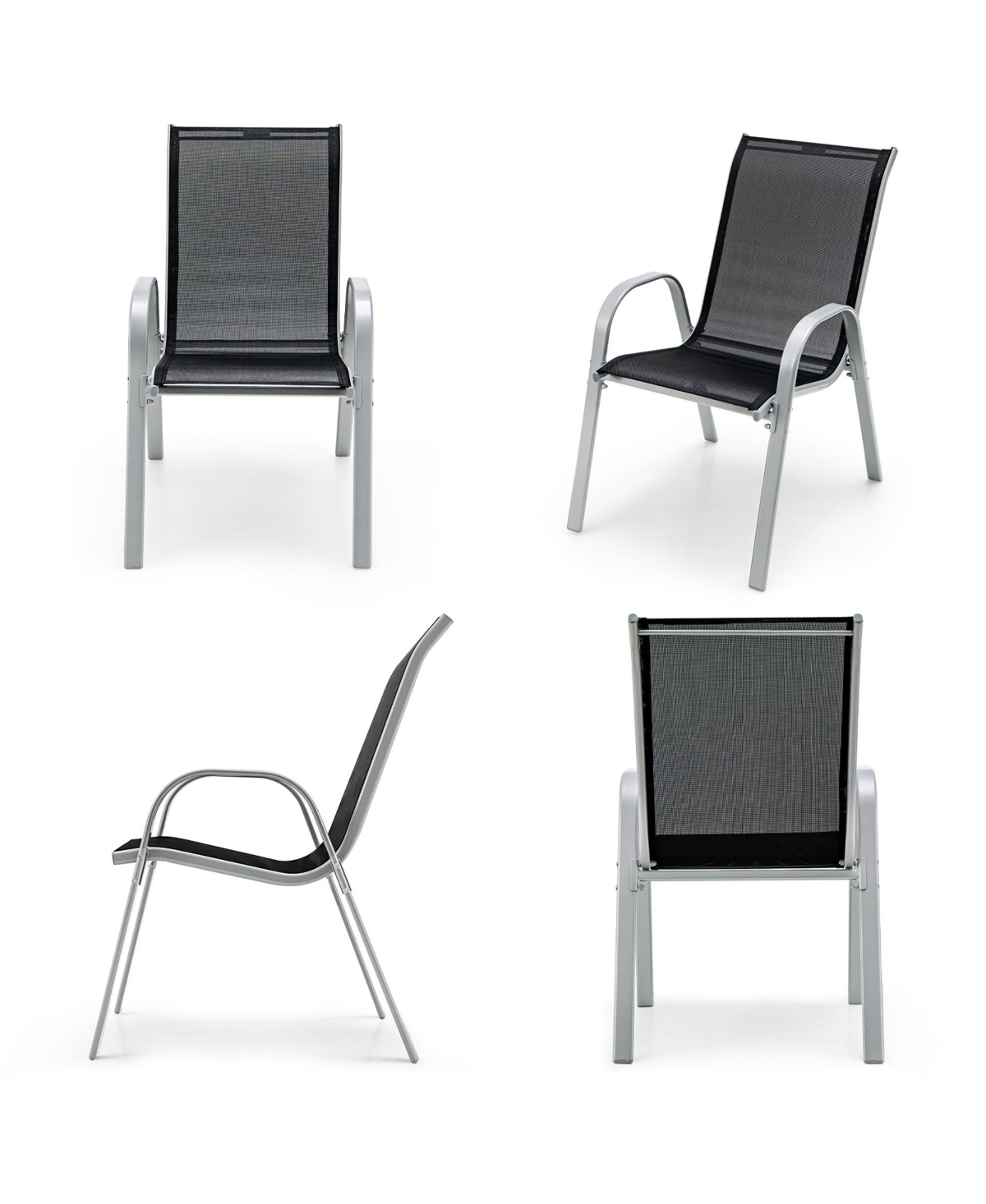 Gymax 4PCS Patio Stacking Dining Chairs w/ Curved Armrests & Breathable Seat Fabric - Black+silver