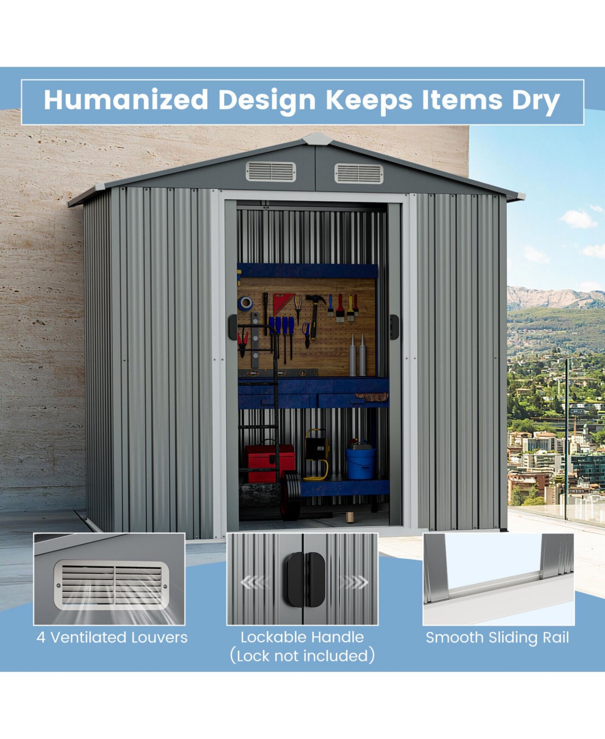 Gouun 6 x 4 Feet Galvanized Steel Storage Shed with Lockable Sliding Doors
