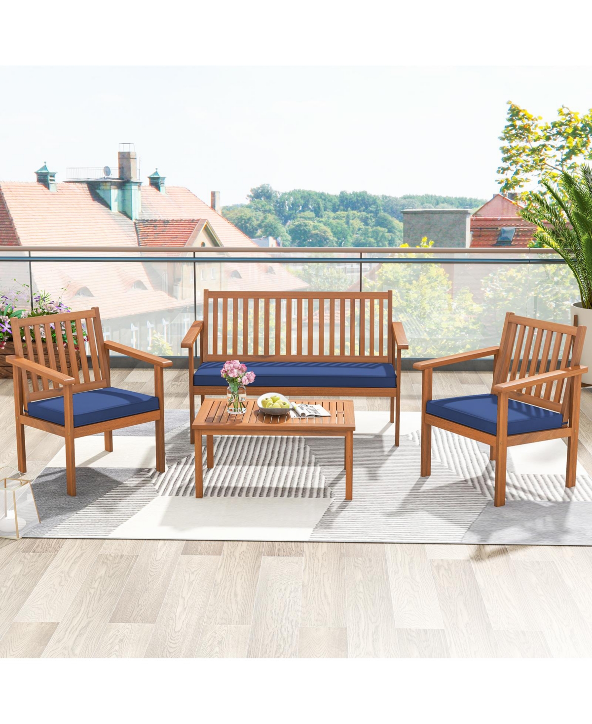 Gouun 4 Piece Patio Wood Furniture Set Acacia Wood Sofa Set with Loveseat