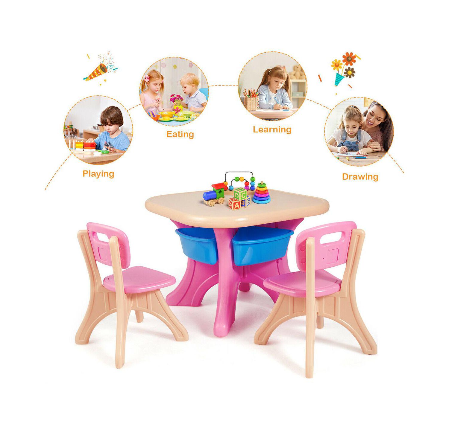 Kids In/Outdoor Plastic Storage Play Table & Chair Set, 3-Piece