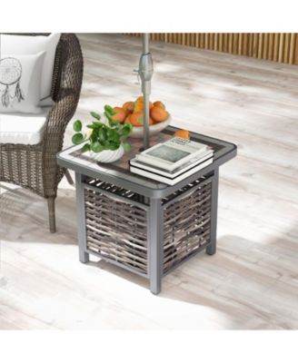 21.5 Inches Outdoor PE Rattan Side Table Square End Table with Umbrella Hole