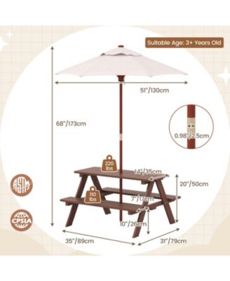 Outdoor 4-Seat Kid's Picnic Table Bench with Umbrella
