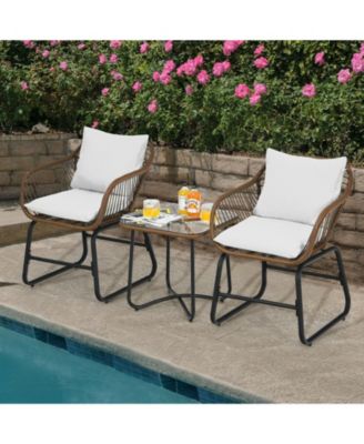 3 Pieces Patio Rattan Bistro Set Cushioned Chair Glass Table Deck