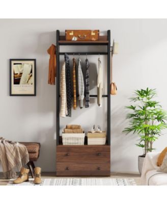 Freestanding Closet Organizer Small Clothes Rack with Drawers and Shelves, Heavy Duty Coat Rack Small Garment Rack Industrial Hall Tree for Entryway, Bedroom