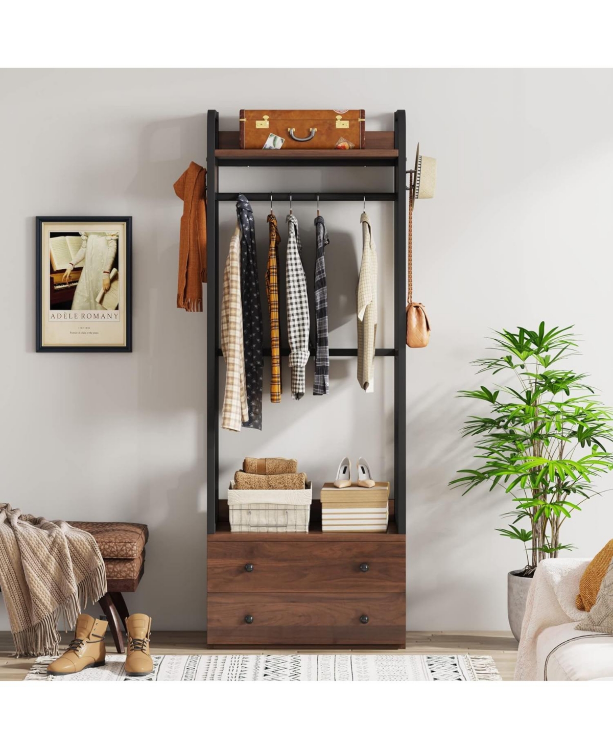 Tribesigns Freestanding Closet Organizer Small Clothes Rack With Drawers And Shelves, Heavy Duty Coat Rack Smal In Rustic Brown