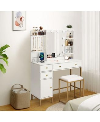 anity Desk with Mirror, Makeup Vanity Table with Chair & Charging Station