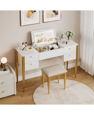 Makeup Vanity Desk with Flip Top Mirror and Lights, 47 3 in 1 Vanity Table with 5 Drawers
