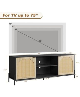 TV Stand for 75 inch TV, Entertainment Center with Storage, 65 Inch TV Console Table with Metal Legs, Rattan Media Console Cabinet with 2 Doors, Wooden TV Stands for Living Room, Bedroom