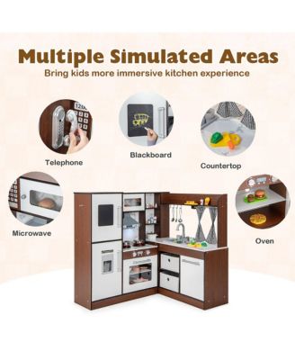 Wooden Corner Play Kitchen w/ Lights & Sounds Water Circulation System for Kids